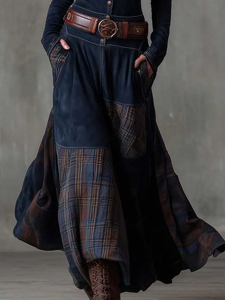 Navy Plaid Paneled Vintage Suede Maxi Dress(with belt) - MABEL LONDON