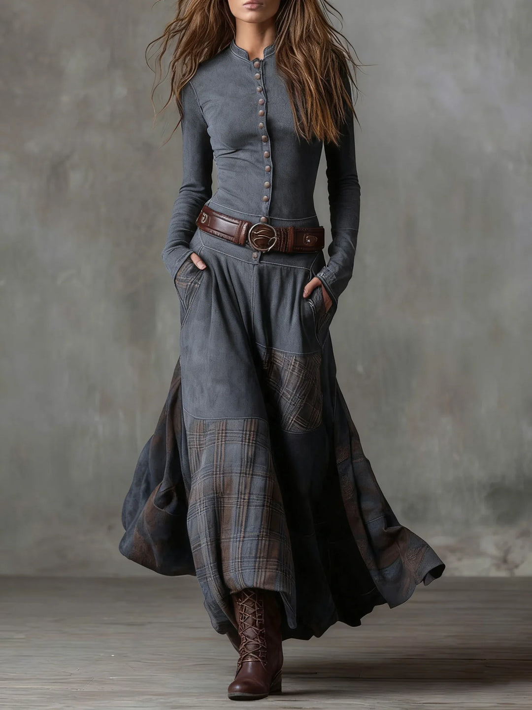 Navy Plaid Paneled Vintage Suede Maxi Dress(with belt) - MABEL LONDON
