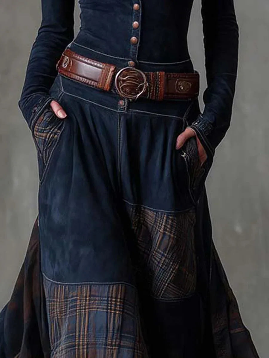 Navy Plaid Paneled Vintage Suede Maxi Dress(with belt) - MABEL LONDON