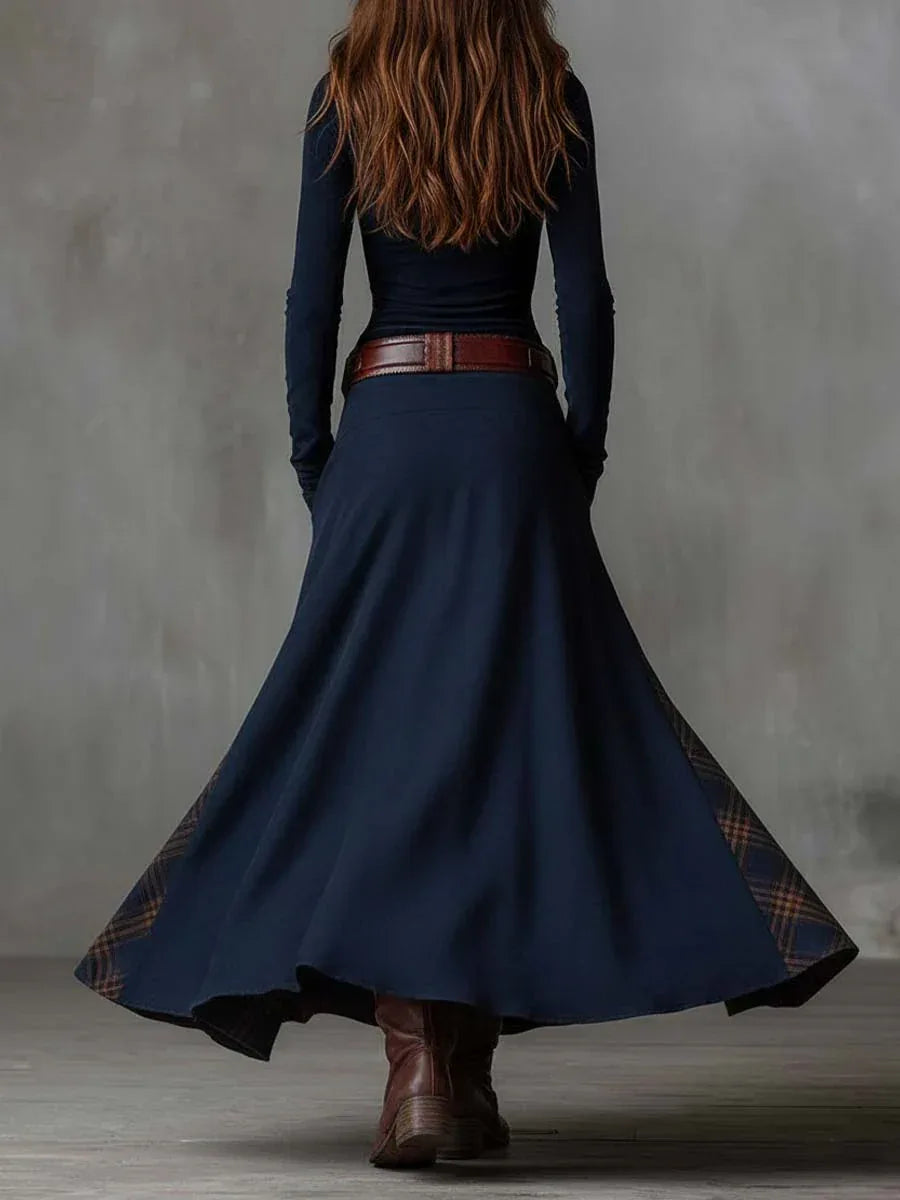 Navy Plaid Paneled Vintage Suede Maxi Dress(with belt) - MABEL LONDON