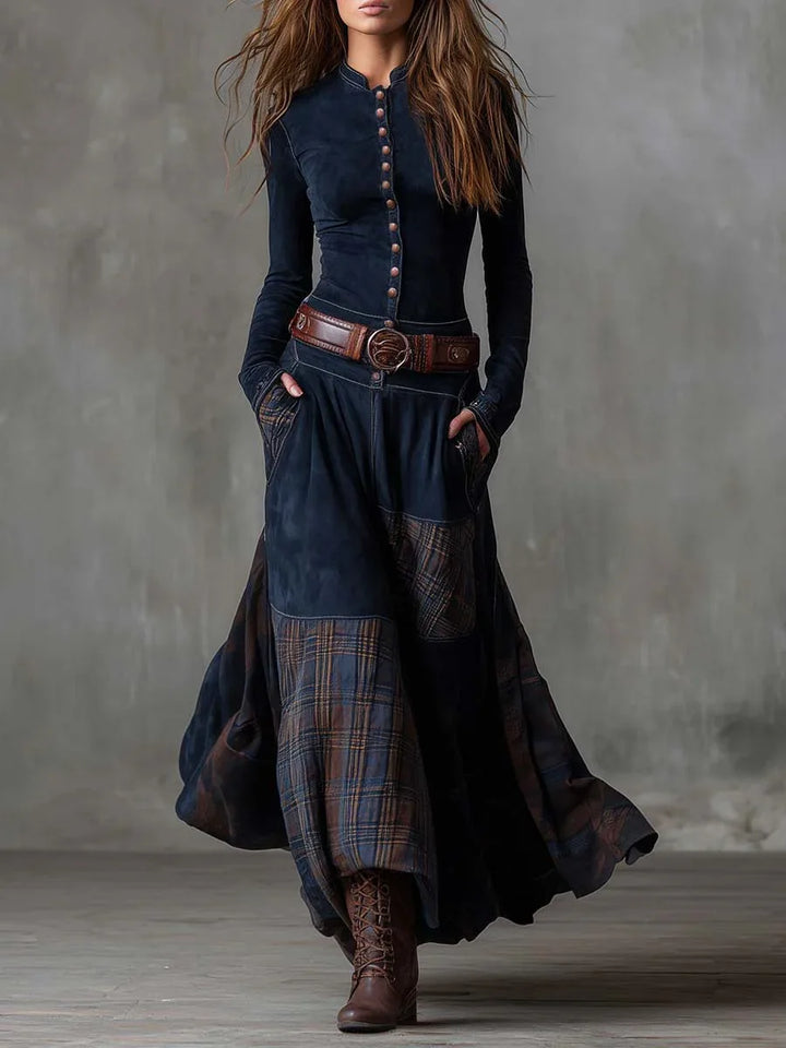 Navy Plaid Paneled Vintage Suede Maxi Dress(with belt) - MABEL LONDON