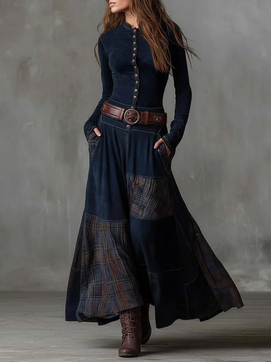 Navy Plaid Paneled Vintage Suede Maxi Dress(with belt) - MABEL LONDON