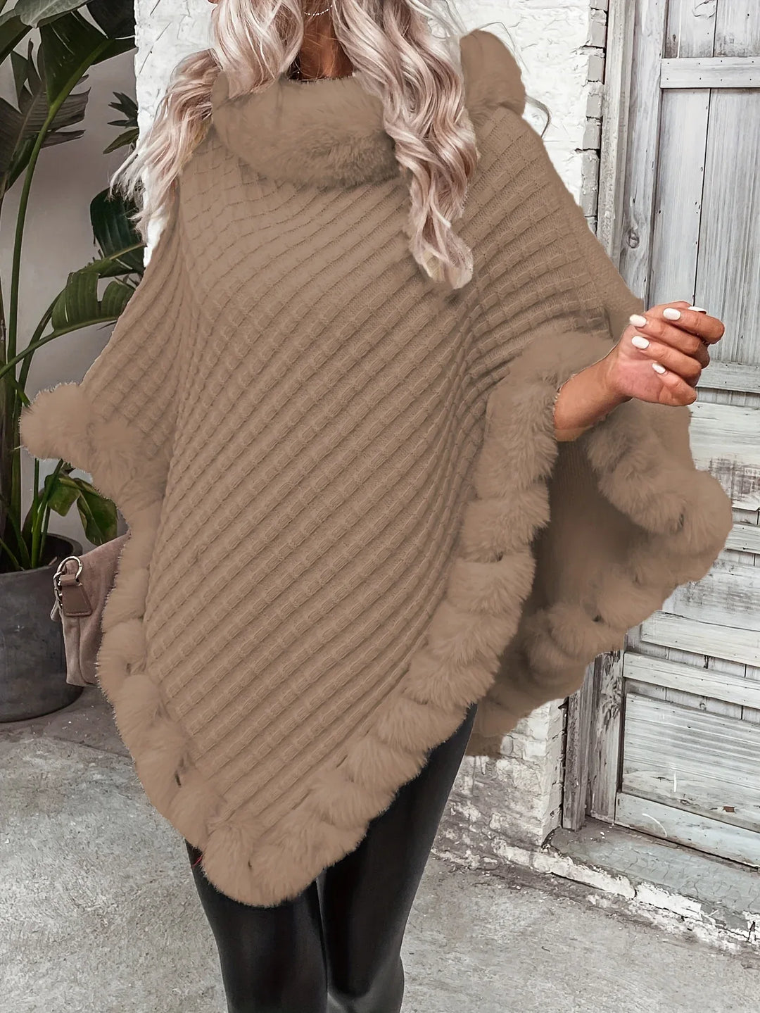 Elara – Faux Fur Trim Knit Poncho - MABEL LONDON