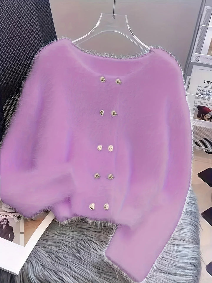 Luna – Fluffy Heart-Button Knit Sweater - MABEL LONDON