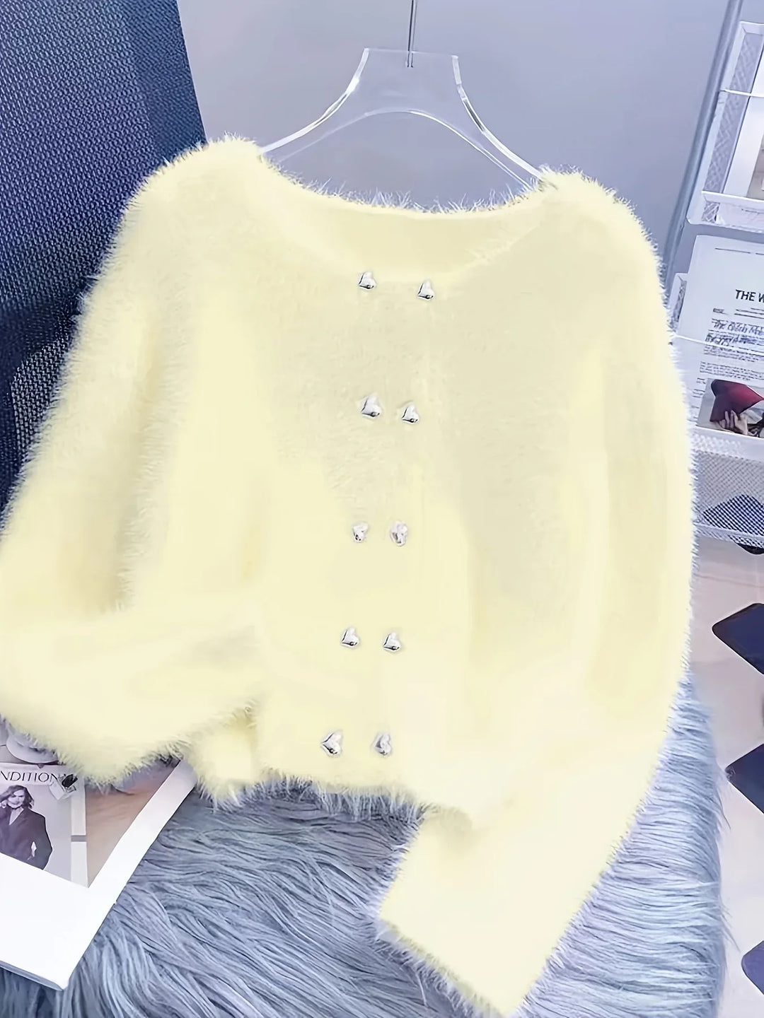 Luna – Fluffy Heart-Button Knit Sweater - MABEL LONDON