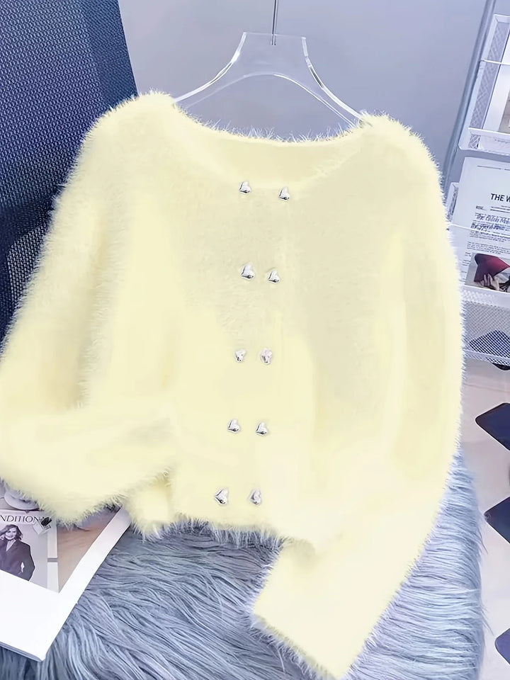 Luna – Fluffy Heart-Button Knit Sweater - MABEL LONDON