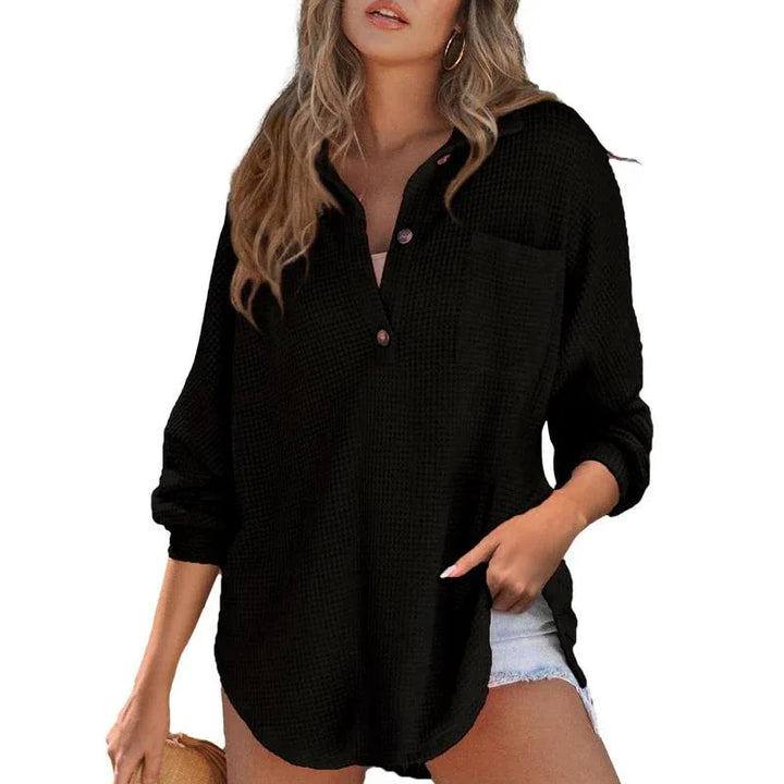 RHANNON™ - Casual Oversized Waffle V-Neck Long Sleeve Sweater - MABEL LONDON