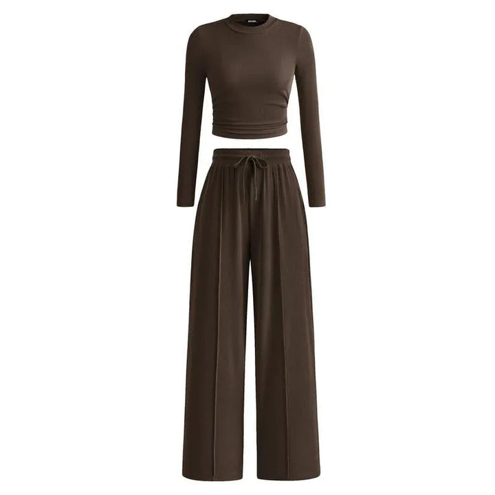 MIRELA™ - Ribbed Knit Long Sleeve Crop Top and Matching Pants Set - MABEL LONDON
