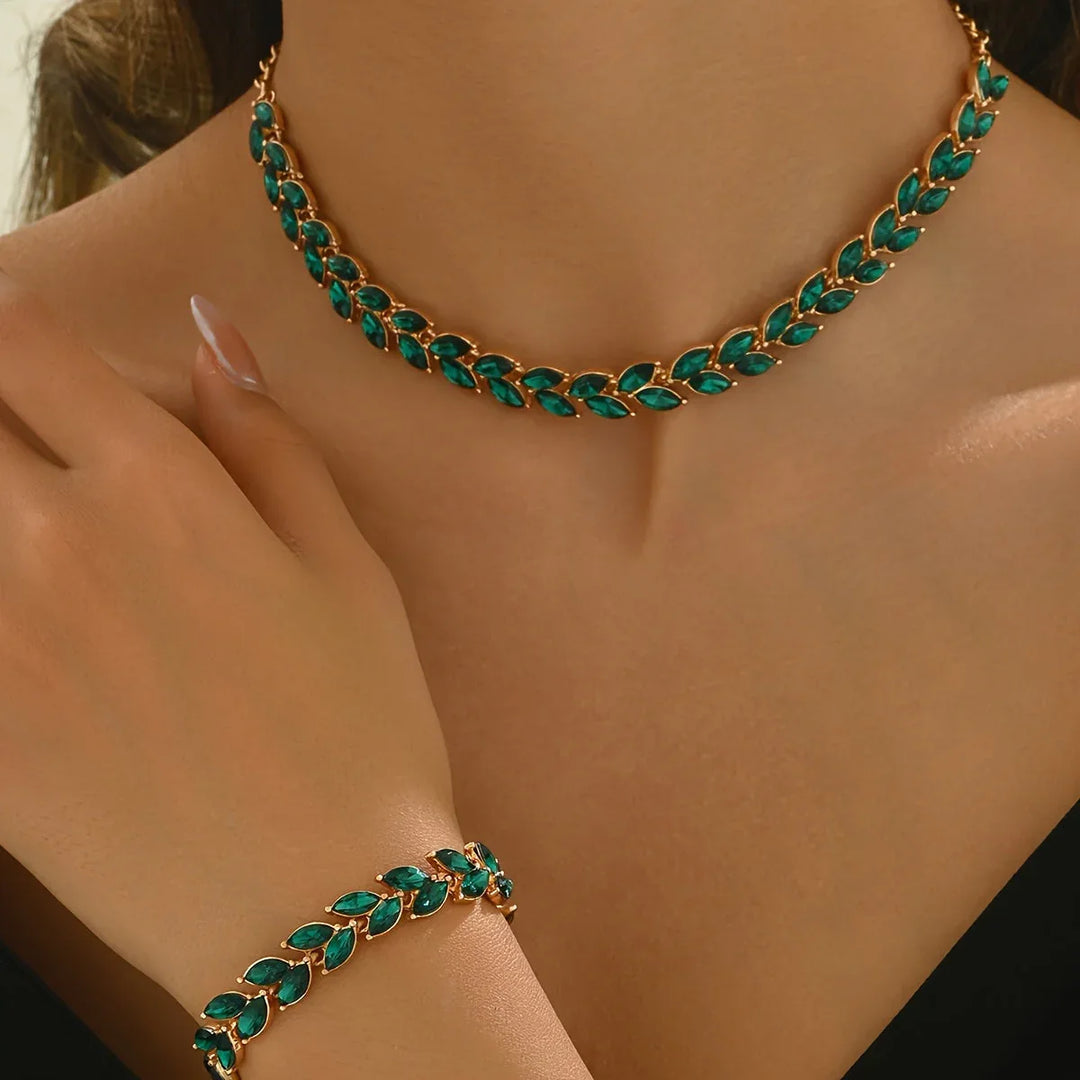 Elegant Green Crystal Necklace & Bracelet Duo - MABEL LONDON