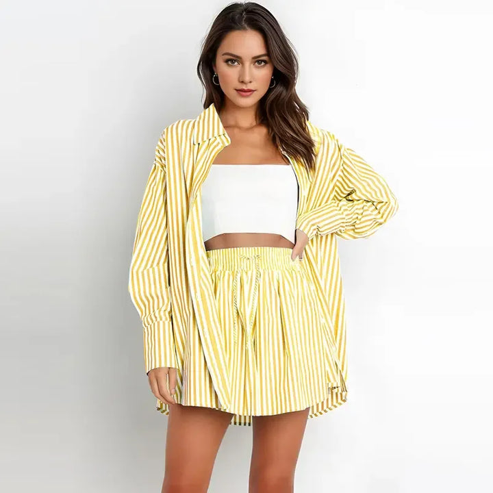 TIFY™ – Chic Striped Collared Shirt and Wide-Leg Shorts Set - MABEL LONDON