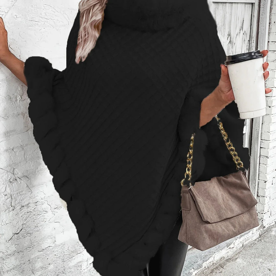 Elara – Faux Fur Trim Knit Poncho - MABEL LONDON