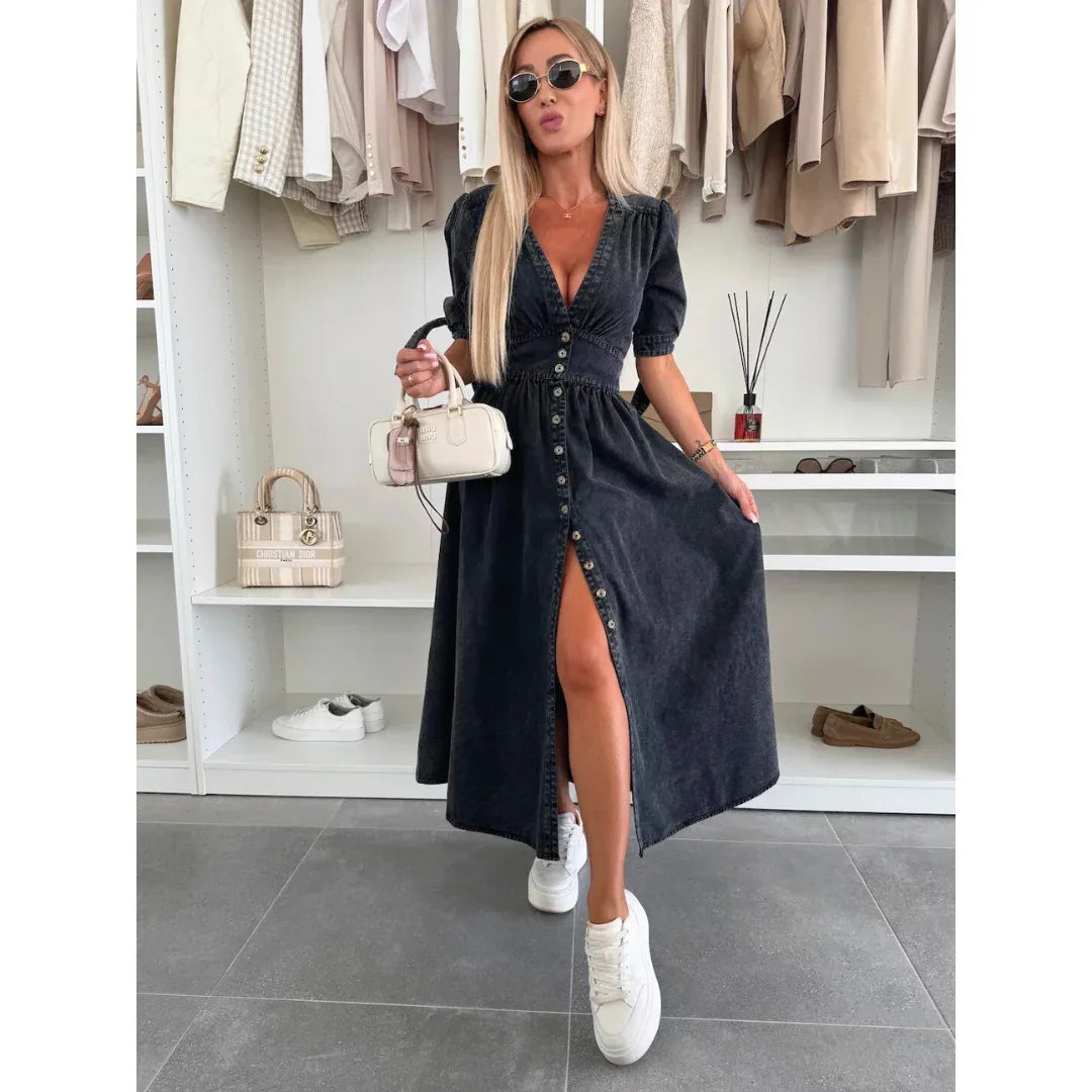 MAELLE™ – Elegant V-Neck Midi Dress - MABEL LONDON