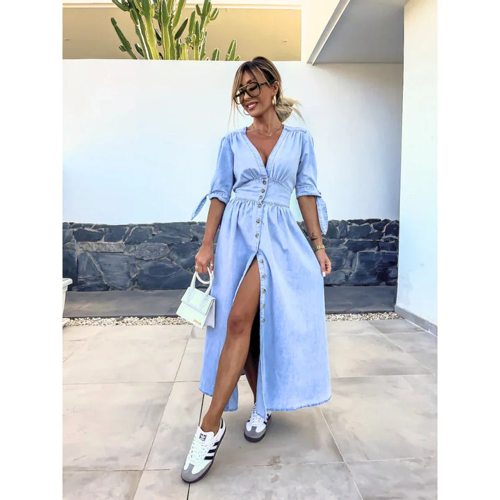 MAELLE™ – Elegant V-Neck Midi Dress - MABEL LONDON