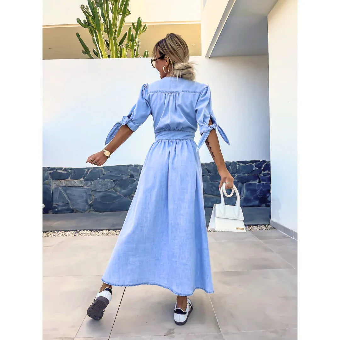 MAELLE™ – Elegant V-Neck Midi Dress - MABEL LONDON