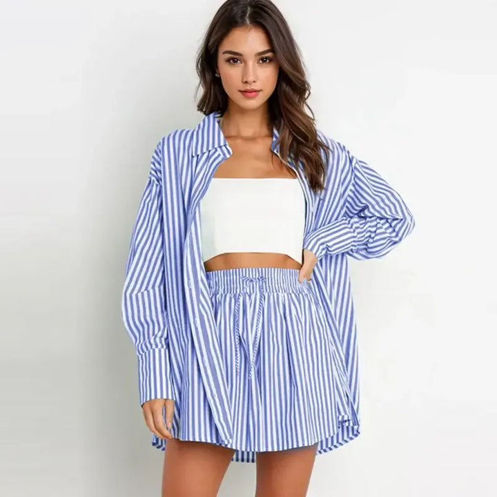 TIFY™ – Chic Striped Collared Shirt and Wide-Leg Shorts Set - MABEL LONDON