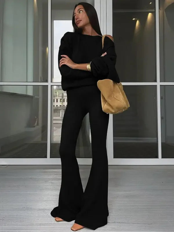 ONNA™ - Chic Asymmetrical Neck Top and Flare Pants Set - MABEL LONDON