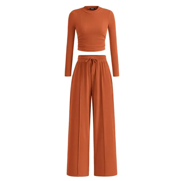 MIRELA™ - Ribbed Knit Long Sleeve Crop Top and Matching Pants Set - MABEL LONDON