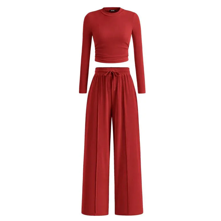 MIRELA™ - Ribbed Knit Long Sleeve Crop Top and Matching Pants Set - MABEL LONDON