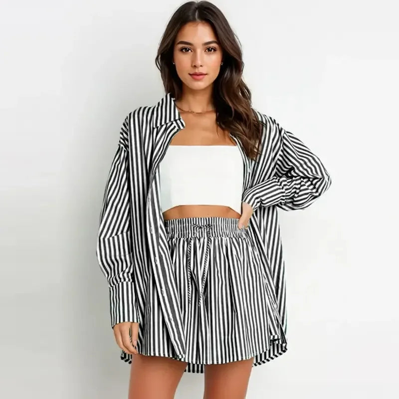 TIFY™ – Chic Striped Collared Shirt and Wide-Leg Shorts Set - MABEL LONDON