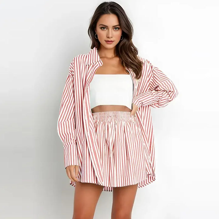 TIFY™ – Chic Striped Collared Shirt and Wide-Leg Shorts Set - MABEL LONDON