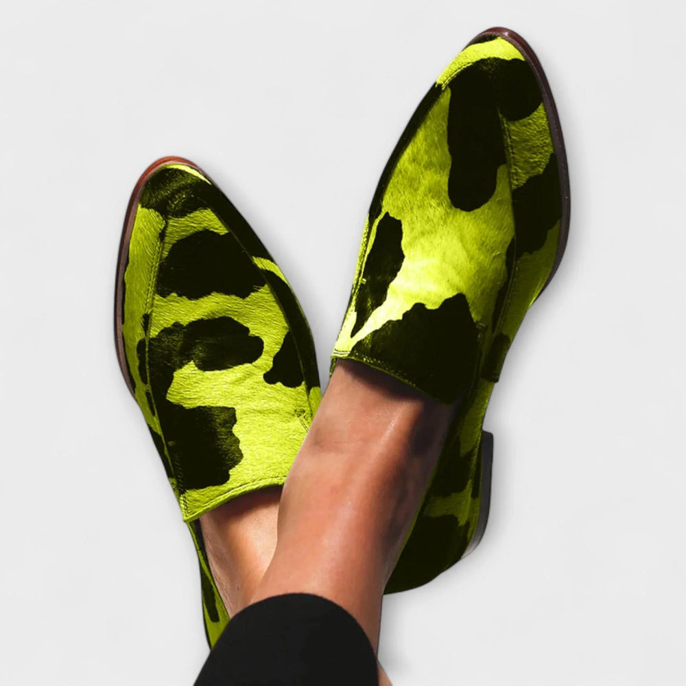 Serena - Cow Print Statement Loafers - MABEL LONDON