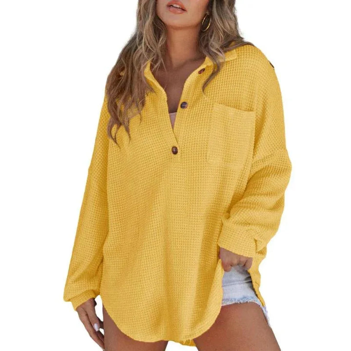 RHANNON™ - Casual Oversized Waffle V-Neck Long Sleeve Sweater - MABEL LONDON