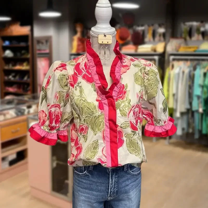 ALITZEL™ - Everyday Sweet Ruffle Stripe Floral Top - MABEL LONDON