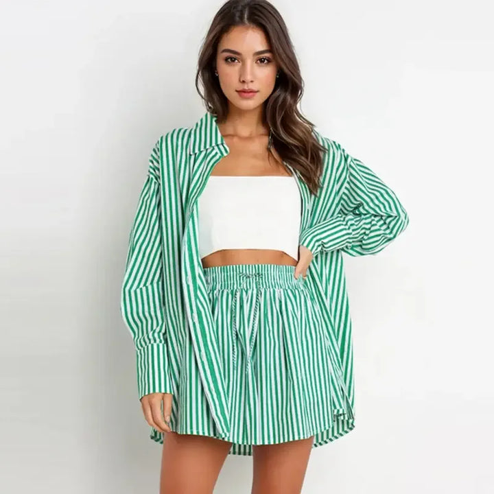 TIFY™ – Chic Striped Collared Shirt and Wide-Leg Shorts Set - MABEL LONDON