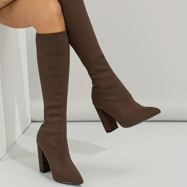 OLIVIA | WOMEN'S KNITTED SOCK BOOTS WITH BLOCK HEEL - MABEL LONDON