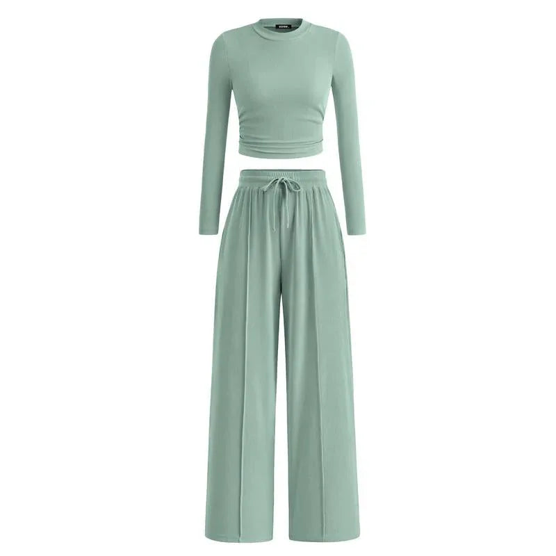 MIRELA™ - Ribbed Knit Long Sleeve Crop Top and Matching Pants Set - MABEL LONDON