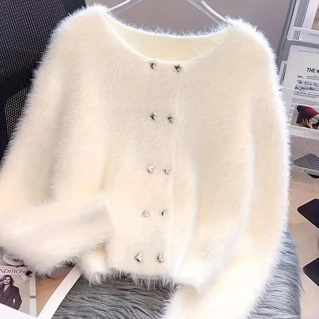 Luna – Fluffy Heart-Button Knit Sweater - MABEL LONDON