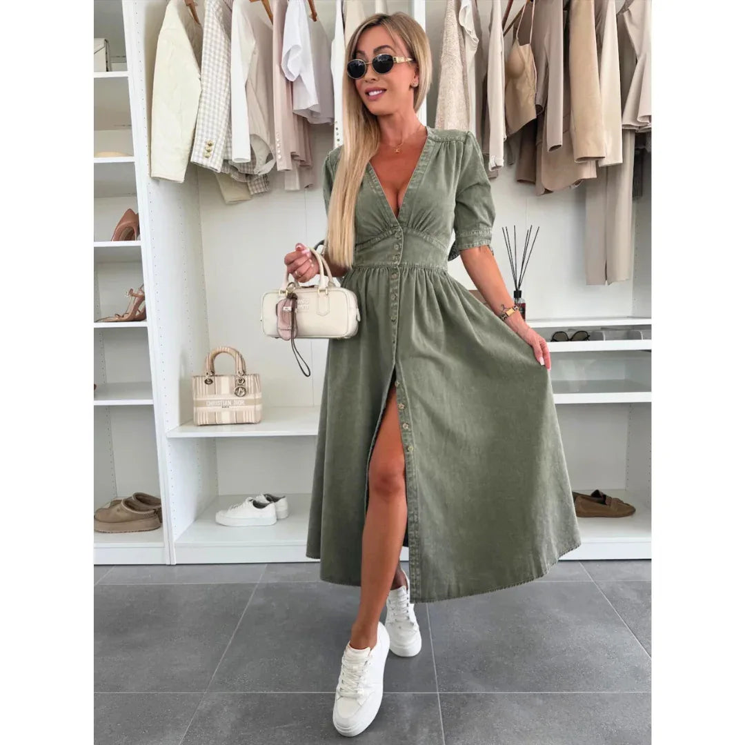 MAELLE™ – Elegant V-Neck Midi Dress - MABEL LONDON