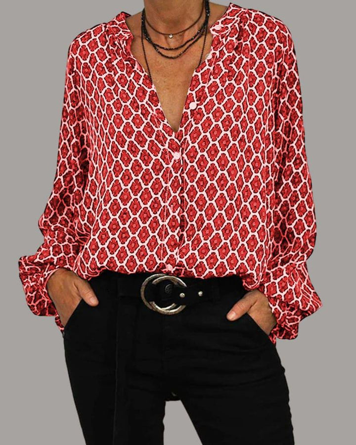 ELVIRA™ - Geometric V-Neck Blouse - MABEL LONDON