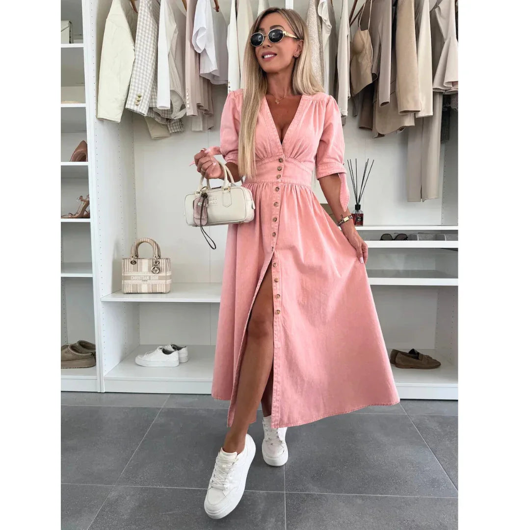 MAELLE™ – Elegant V-Neck Midi Dress - MABEL LONDON