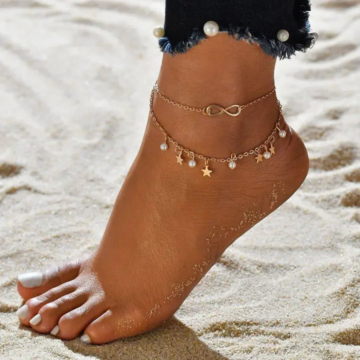 Infinity Anklet with Pearl and Star Charms - MABEL LONDON