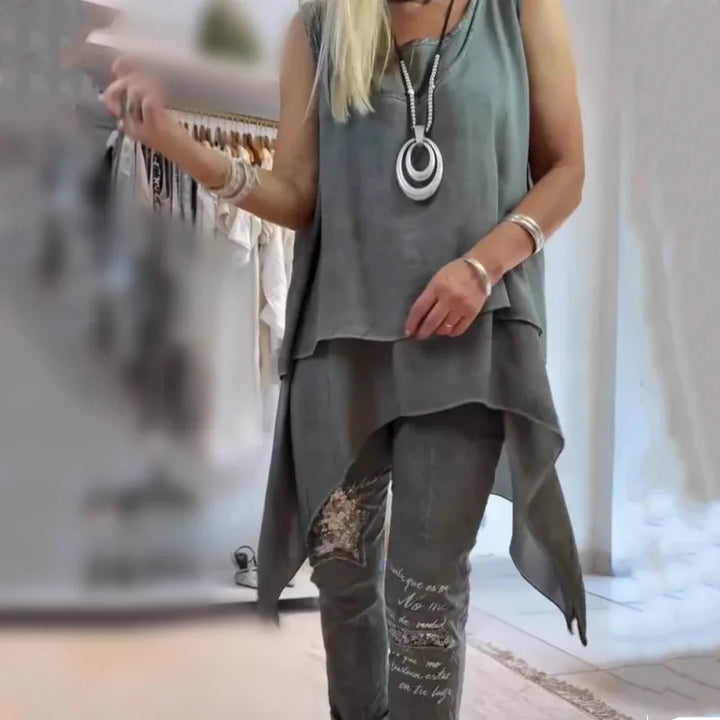 MIREYA™ - Asymmetrical Top & Floral Pants Set - MABEL LONDON